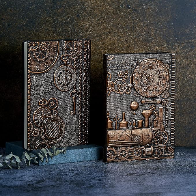 Vintage 3D Embossed Leather Writing Journal with Diamond Pen Set,A5,200Pages,Antique Handmade Daily Notepad Sketchbook,Travel Diary&Notebook to Write in,for Women Men (Train-(RedBronze))