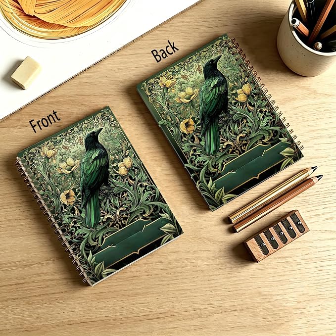 HOXUNQINA Art Nouveau Green Raven Journal Notebook 5.5x8.3 | William Morris Inspired Vintage Floral Crow Journal, Witchy Gothic Raven Botanical Notebooks for Work
