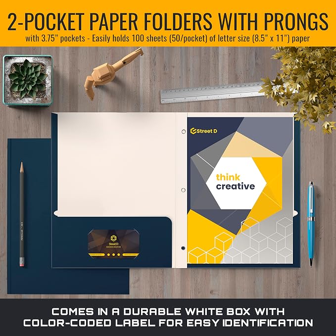 Better Office Products Navy Blue Paper 2 Pocket Folders with Prongs, 50 Pack, Matte Texture, Letter Size Paper Folders, 50 Pack, with 3 Metal Prong Fastener Clips, Dark Blue