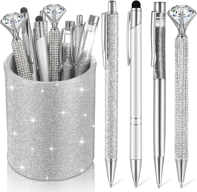Sabary 8 Pcs Silver Pens with Pen Holder for Desk Glitter Crystal Diamond Cute Ballpoint Fancy Pencil Holder Bling Desk Organizer for Women Girls School Office Supplies Wedding Graduation Gifts