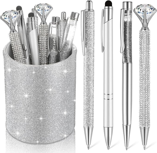 Sabary 8 Pcs Silver Pens with Pen Holder for Desk Glitter Crystal Diamond Cute Ballpoint Fancy Pencil Holder Bling Desk Organizer for Women Girls School Office Supplies Wedding Graduation Gifts