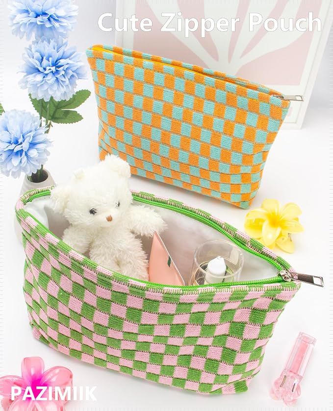 Checkered Makeup Bag for Purse, Small Flat Cosmetic Pouch,Pink Green | Cute Zipper Makeup Organizer for Women, Travel Essentials, Toiletries, Makeup Brushes, Beauty Accessories&Bridesmaid Gifts