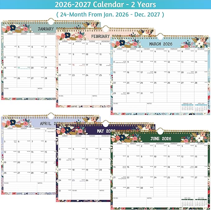 Wall Calendar 2026-2027 – 2 Year Calendar 2026-2027, 14.57 x 11.42 In, Jan 2026 - Dec 2027, 2026 Calendar 24 Months, Monthly 2026, with Ruled Blocks, Thick Paper, Holidays, To-do List ＆ Notes