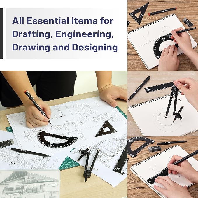 Mr. Pen- Professional Geometry Set, 15 pcs, Drafting Tools with Protractor | Compass, Metal Ruler, Triangles, Pens & Pencils, Complete Geometry & Drafting Kit for Architects, Engineers & Students