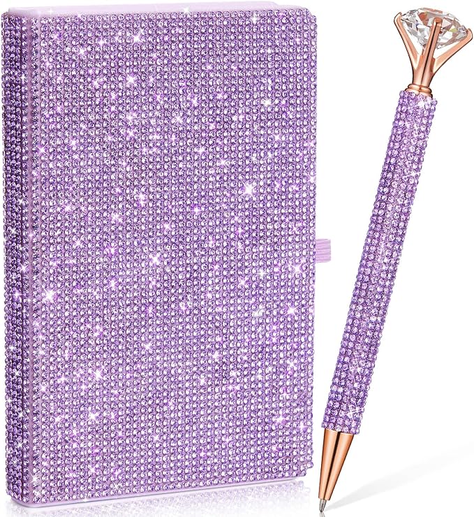 Rhinestone Pen & Glitter Notebook Set, Hard Cover Bling Diary Journal for Girls, Cute School Supplies for Back to School, Sparkly Desk Accessories Gift for Women(Rhinestone,A6,Purple)
