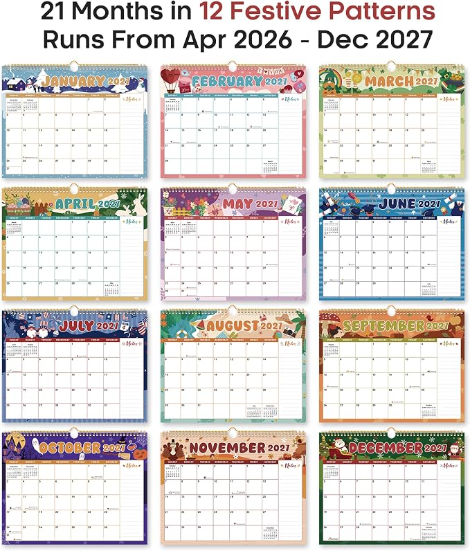 Calendar 2026-2027, Monthly Wall Calendar from April 2026 to December 2027, 11.5" x 14.7", Spiral Binding Hanging Wall Calendar, Perfect for Home or Office,Watercolor Festival
