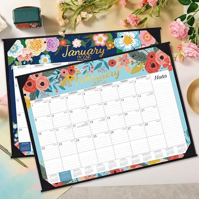 2026 Desk Calendar - Large Desk Calendar 2026, Jan. 2026 - Dec. 2026, 22" x 17", 2026 Calendar 12 Month with Corner Protectors, Desk Pad, To-Do List & Notes, Desk/Wall Calendar for Planning or Organizing - Blue Floral