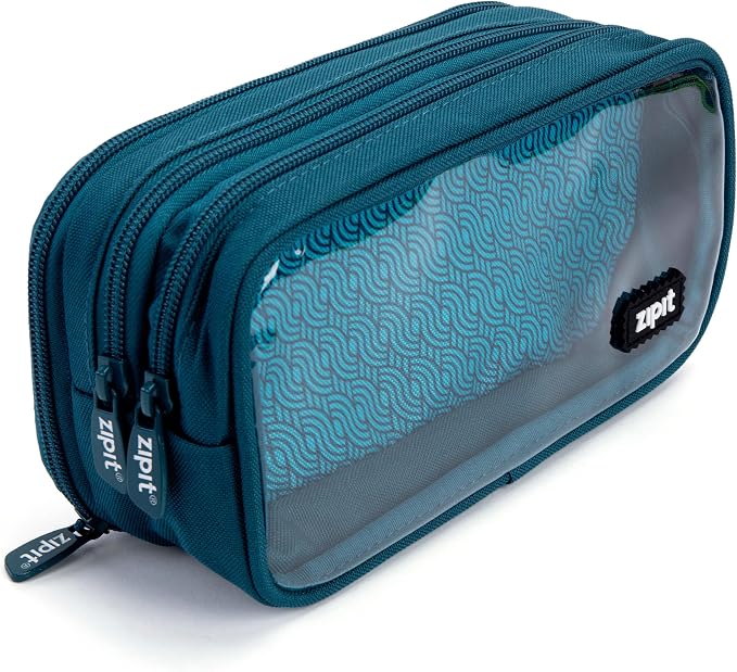 ZIPIT Half & Half Pencil Case, 3 Compartment Zipper Pouch for School, Stationery Bag for Teen Girls Boys and Adults, Teal