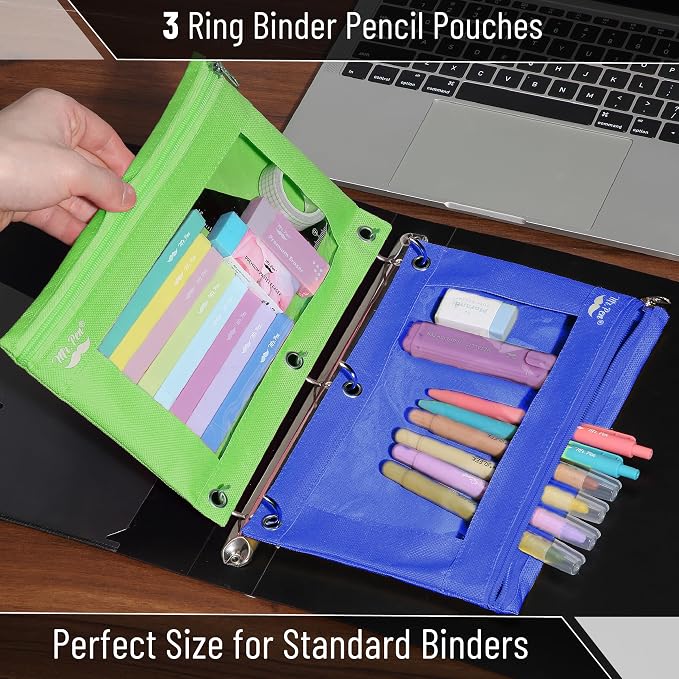 Mr. Pen- Pencil Pouch for 3 Ring Binder, 2 Pack, 10"x6.75", Smooth Zipper | Clear Window, Large Capacity Pencil Case with 3 Reinforced Grommets for School, Office, Supplies Storage | Clear Window, Large Capacity Pencil Case with 3 Reinforced Grommets f...
