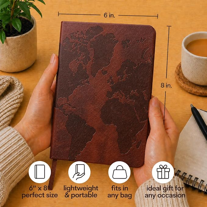 WORLD TRAVELER Eccolo A5 Hardbound Journal Notebook 256 Ivory Lined Pages | Sturdy Flexible Hardcover, 80GSM Acid-Free Ivory Pages, Smyth-Sewn Lay-Flat Binding, Ribbon Bookmark