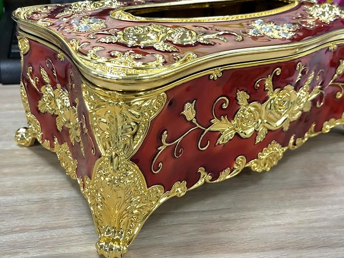 9.45"x5.43"x3.94" Luxurious Rose Tissue Box with Imitation Diamonds, Embossed Flowers, Elegant Tissue Paper Holders for Home Toilet Bath Hotel,Gold-Red