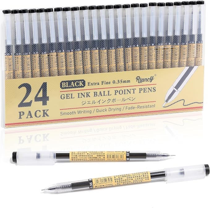 Japanese Style Black Gel Ink Pens, 0.35mm Extra Fine Point, No Smudge Quick Drying, Japanese Ink Pen for Journal Planners, Thin Notebook Paper, Office School Supplies, 24 Pack, Writing Drawing
