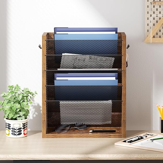 Creso hom Mail Organizer Wall Mounted, Mail Sorter with 2 Key Hooks, 6-Slot File Organizer for Wall or Desk, Wood Letter Holder Envelopes Bills Accessories for Home Office, Rustic Brown