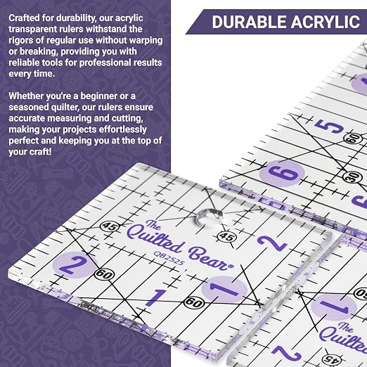 The Quilted Bear Square Quilting Ruler, Transparent Acrylic, 5" x 5" | Non-Slip, Precise Bold Lines, 30, 45 & 60 Degree Angles, 3mm Thick Transparent Acrylic, for Quilt Blocks, Sewing & Craft
