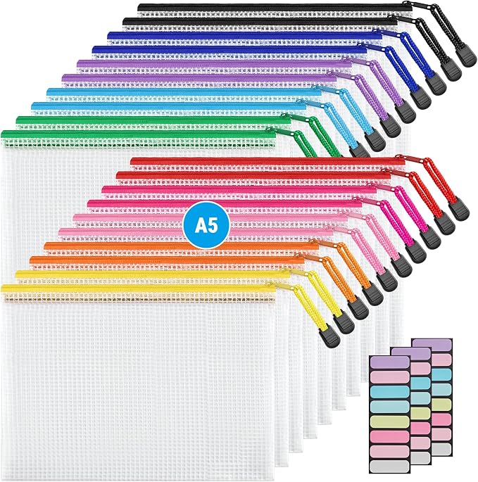 JARLINK A5 Mesh Zipper Pouches, 6x9inch Pencil Pouches for School, 20 Pack | 10 Colors Mesh Zipper Pouches, Waterproof Zipper Reusable Pouch for Office Supplies, Cosmetics, Bikini, Travel Storage