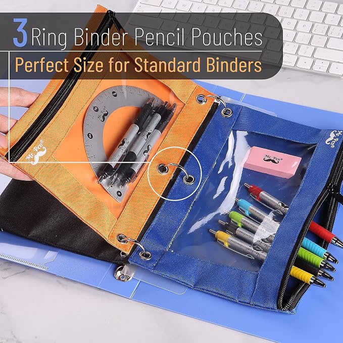 Mr. Pen- Pencil Pouch for 3 Ring Binder, 2 Pack, 10"x6.75", Smooth Zipper | Clear Window, Large Capacity Pencil Case with 3 Reinforced Grommets for School, Office, Supplies Storage | Clear Window, Large Capacity Pencil Case with 3 Reinforced Grommets f...