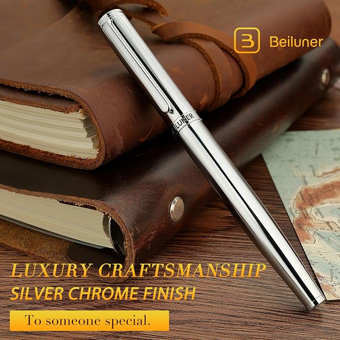 BEILUNER Silver Fountain Pen,Stunning Luxury Pens with Bright Silver Chrome, Gorgeous 24K Gilded Nib(Medium), Fancy Pen Gift for Men&Women -Ink Converter-Elegant, Office,Nice Pen for Writing