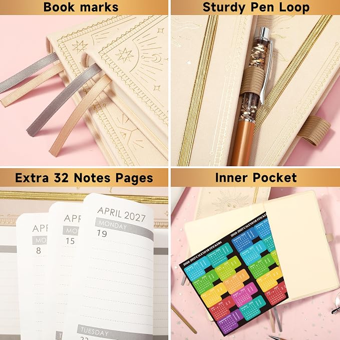 Planner 2026-2027 - Academic Planner 2026-2027, July 2026 - June 2027, 5.75" x 8.25", 2026-27 Weekly and Monthly Planner, Faux Leather planner 26-27 with Back Pocket & 40 Notes Pages - Seashell Gold