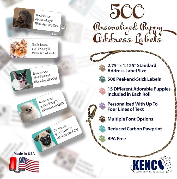 Customized Personalized Address Labels - Made in the USA by Kenco (500 Labels, Puppies)