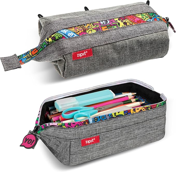 ZIPIT: Lenny Pencil Case - Grey & Doodles - Large Storage Capacity Zipper Pouch, Makeup-Stationery Bag, School, Washable Polyester, Kids-Teens-Adults