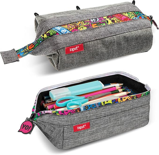 ZIPIT: Lenny Pencil Case - Grey & Doodles - Large Storage Capacity Zipper Pouch, Makeup-Stationery Bag, School, Washable Polyester, Kids-Teens-Adults