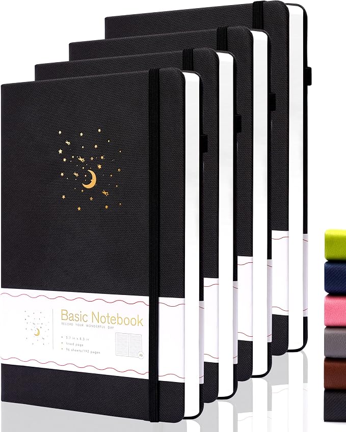 CAGIE 4 Pack Lined Journal Notebooks for Work, Hardcover Notebook Journal with Pen Loop, A5 Leather Notebook Journal Cover, Medium 5.7" x 8.3", (Black Ruled)