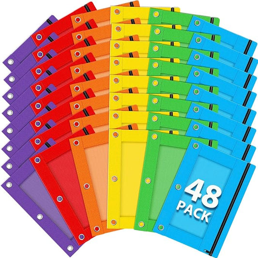 Pencil Pouch for 3 Ring Binder, 48 Pack Bulk Zipper Pencil Cases with Clear Window, Assorted Color Cloth Binder Pouches with 3 Holes, Durable Pencil Bags for Classroom School Office Supplies