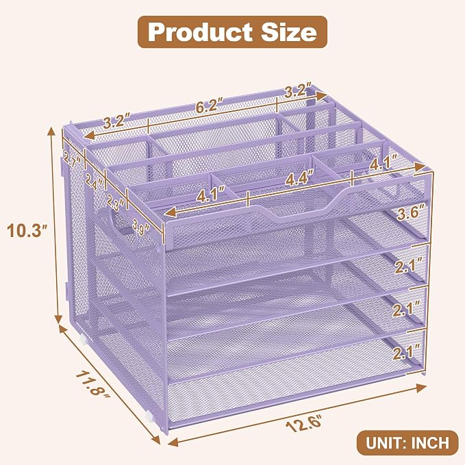 Docnest 5 Tier Desk Organizer with Hanging File Folder Holder&Tray, Purple | Features 3 detachable pen holders and 4 removable dividers.Versatile mesh desktop storage for mail, document,office supplie