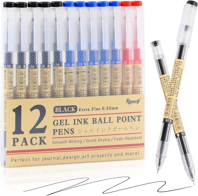 Japanese Style Black Blue & Red Gel Ink Pens, 0.35mm Extra Fine Point, No Smudge Quick Drying, Japanese Ink Pen for Journal Planners, Thin Notebook Paper, Office School Supplies 12 Pack