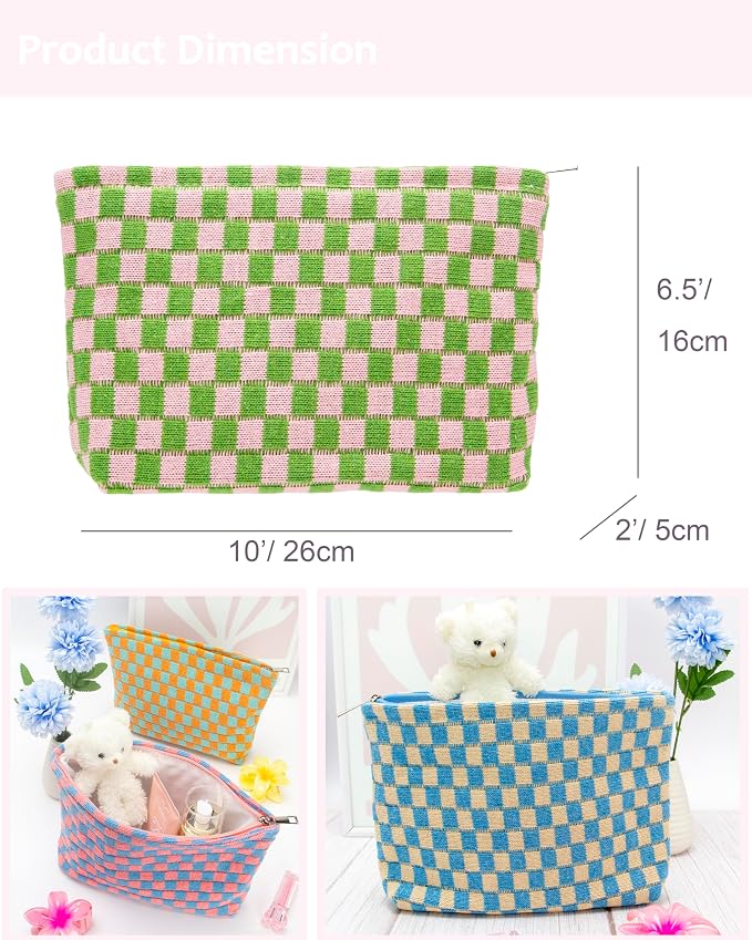 Checkered Makeup Bag for Purse, Small Flat Cosmetic Pouch,Pink Green | Cute Zipper Makeup Organizer for Women, Travel Essentials, Toiletries, Makeup Brushes, Beauty Accessories&Bridesmaid Gifts