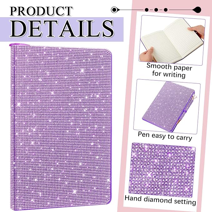 Rhinestone Pen & Glitter Notebook Set, Hard Cover Bling Diary Journal for Girls, Cute School Supplies for Back to School, Sparkly Desk Accessories Gift for Women(Rhinestone,A5,Purple)