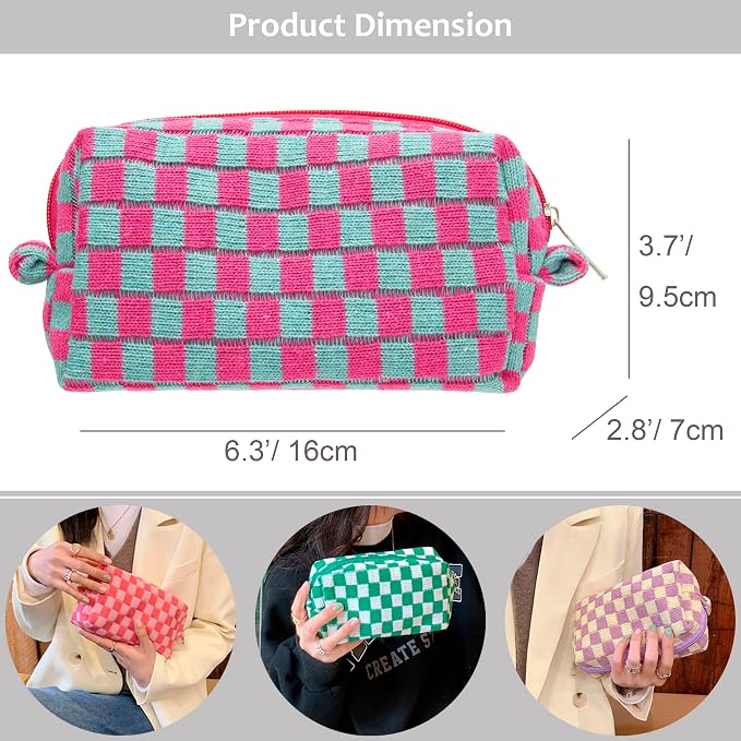 Checkered Makeup Bag for Purse, Small Travel Cosmetic Pouch,Magenta Green | Cute Zipper Makeup Organizer for Women, Travel Essentials, Toiletries, Makeup Brushes, Beauty Accessories&Bridesmaid Gifts