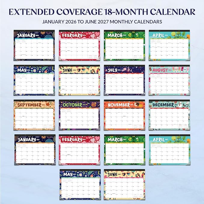 Decorably 18 Months Colorful Assorted Academic Desk Calendar 2026-2027 January 2026 to June 2027, 11x17in Easy Tear-Off Sheets with Inspirational Quotes & Stickers for Office, Home & School