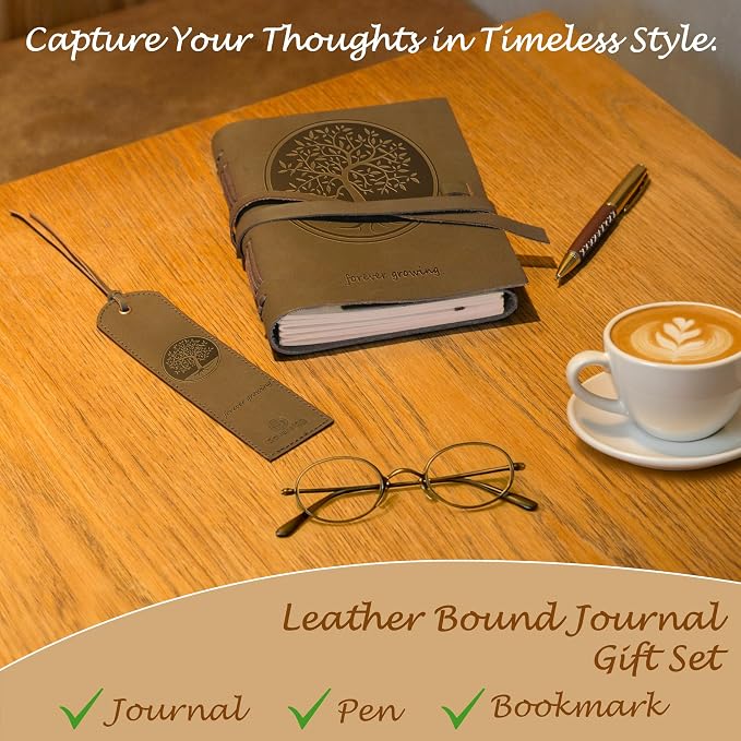 Leather Bound Journal for Men and Women, Handmade Gift Set with Tree of Life Embossed Journal and Stylish Pen, Vintage and Classic, Notebook, Sketchbook, Planner and Diary (300 Pages) (8x6")