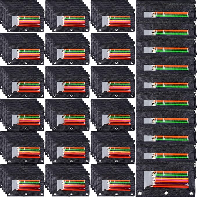 Zhehao 100 Pcs Zipper Binder Pencil Pouches:3 Ring Binder Pencil Pouches with Window Bulk Clear Pen Bags Case for Office School Classroom Supplies(Black,Single Layer)