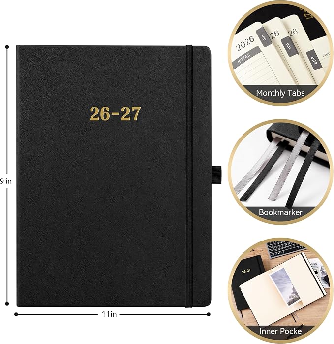 2026-2027 Planner - Weekly and Monthly Planner 2026-2027, Jul.2026 - Jun.2027, 9" x 11", 26-27 Calendar Planner with Inner Pocket + Bookmarks+ Leather Hardcover, Black