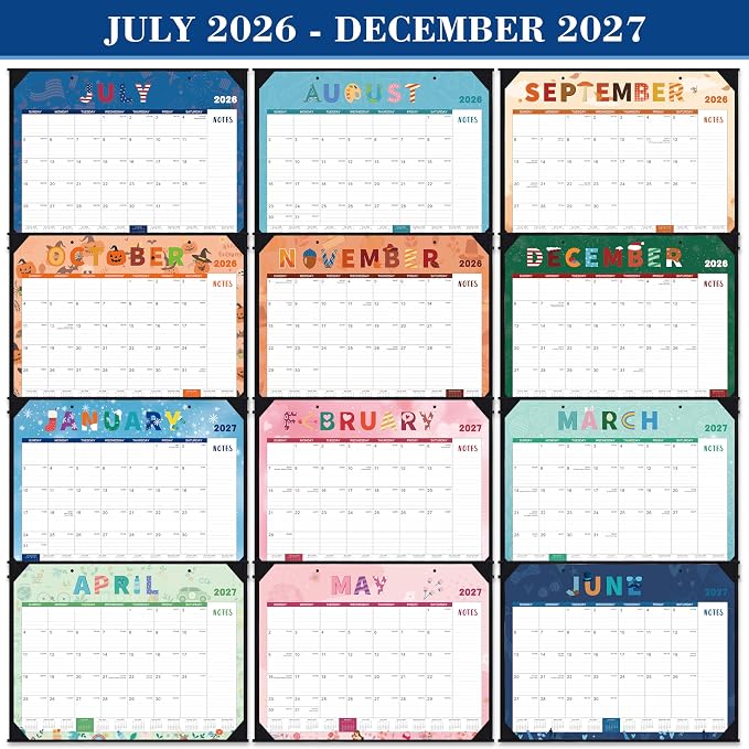 Desk Calendar 2026-2027 - Large Desk Calendar 2026-2027, 22" x 17", Jul. 2026 - Dec. 2027, Desk Calendars Large, 18 Months, Corner Protectors, Hanging Holes, Notes - 12 Themes