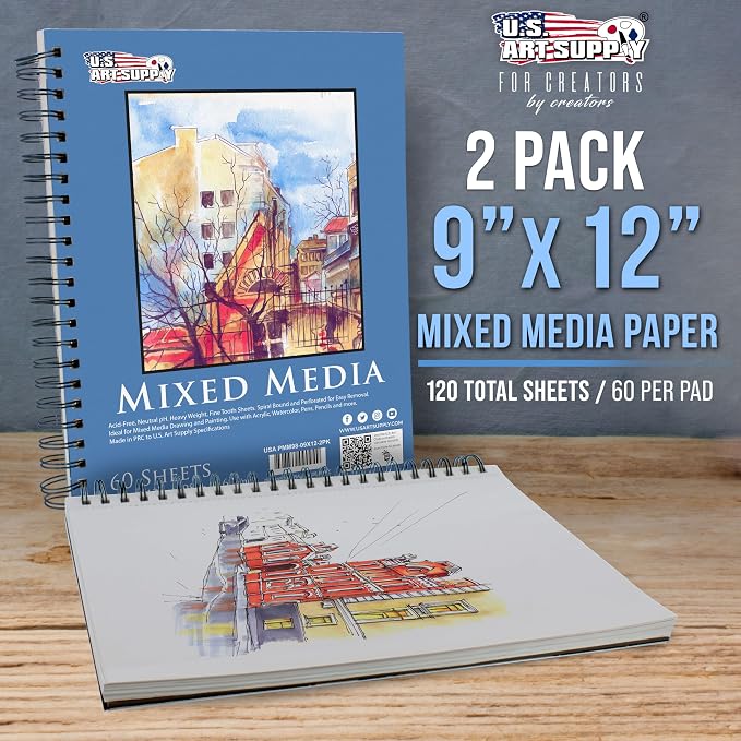 U.S. Art Supply 9"x12" Mixed Media Sketchbook, 2 Pack (60 Sheets), 98 lb (160 GSM) - Spiral-Bound Pad with Perforated Acid-Free Paper - Artist Sketch Book for Drawing, Painting, Watercolor