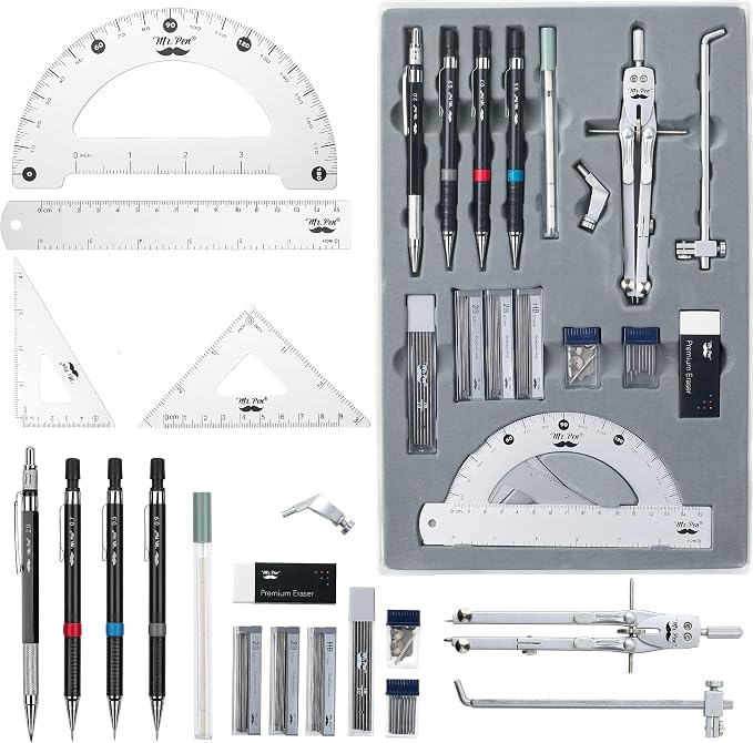 Mr. Pen- Professional Geometry Set, 17 pcs, Metal Compass | Mechanical Pencils, Rulers, Protractor & Set Squares, Lead Refills, Extra Screws & Needles, Drafting Kit for Math