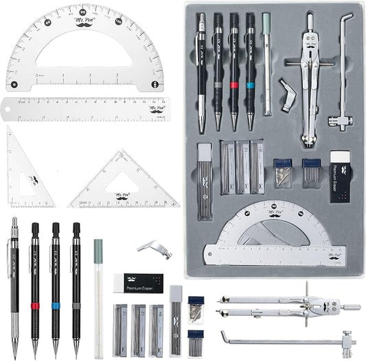 Mr. Pen- Professional Geometry Set, 17 pcs, Metal Compass | Mechanical Pencils, Rulers, Protractor & Set Squares, Lead Refills, Extra Screws & Needles, Drafting Kit for Math