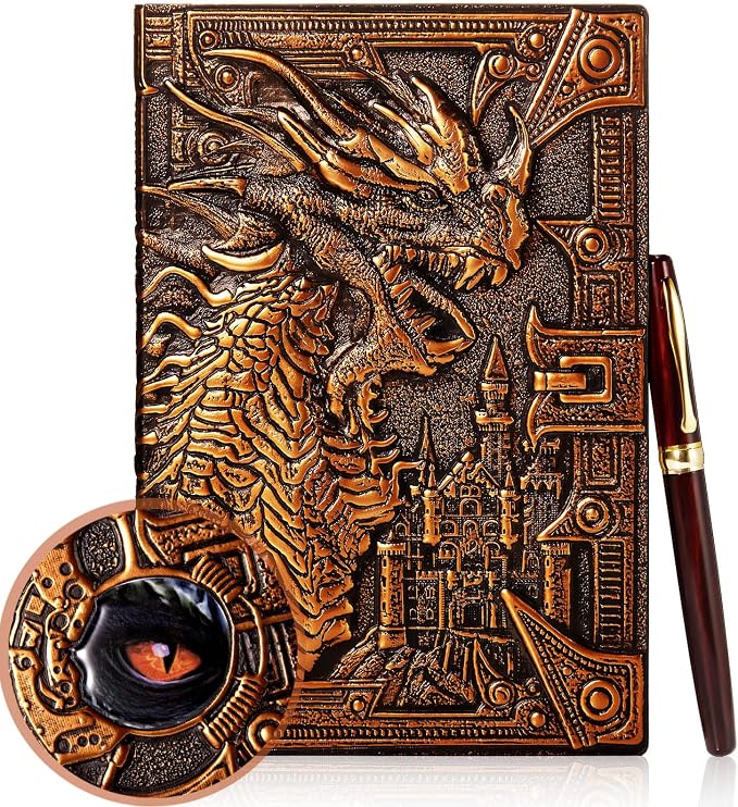 Dragon Journal Embossed Leather Journal Writing Antique Dragon Journal Notebook with Pen Lined Paper Hardcover Gift Journal Notebook Executive Notebook Travel Diary for Women Men, A5 (Dark Red)