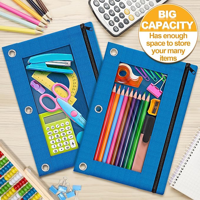 Pencil Pouch for 3 Ring Binder, 2 Pack Pencil Bags with Zipper, Blue Pencil Case for Classroom School Office Supplies, Large Sturdy and Durable Cloth Pencil Pocket for 3 Holder Binder
