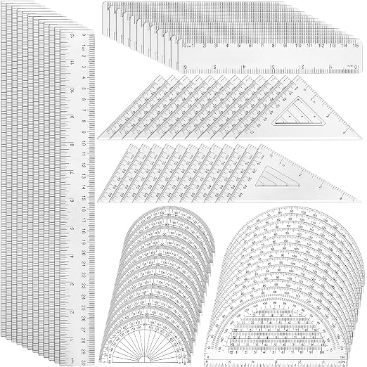 Tenare 72 Pcs Plastic Clear Math Set Includes Protractor Triangle Rulers 12 Inch 6 Inch Straight Geometry Math Transparent Ruler Measuring Tool for Office Home Supplies