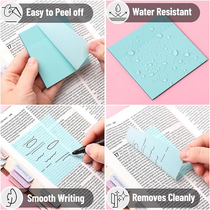 Mr. Pen- Transparent Sticky Notes, 3" x 3", 4 Pads, 200 Sheets | Morandi Colors, See Through Self-Adhesive Notes with Fineliner for Bible Journaling and Studying, Water-Resistant