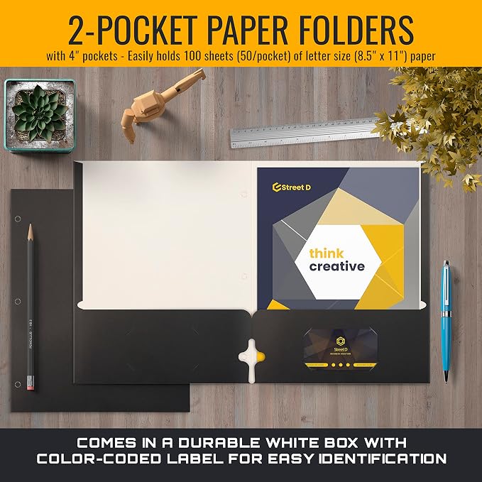 Better Office Products Two Pocket Portfolio Folders, 50-Pack, Black, Letter Size Paper Folders, 50 Pieces, Black