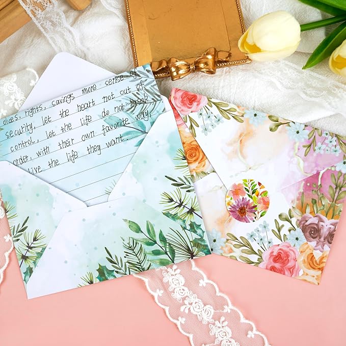 Stationery Paper Envelopes Set 160 Pcs - 50 Lined Writing Paper, 50 Envelopes, 60 Dot Stickers, Vintage/Floral/Leaf/Watercolor Multi-Style Options (STATIONERY-160PCS-FLORAL)