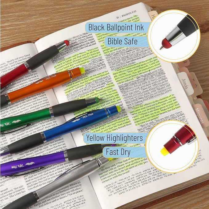 Mr. Pen- Bible Highlighter with Pen and Stylus for Touchscreens, 3 in 1 | 6 Pack, Colorful Barrels, Black Ink Ballpoint Ink Pens, Yellow Wax Gel Highlighters