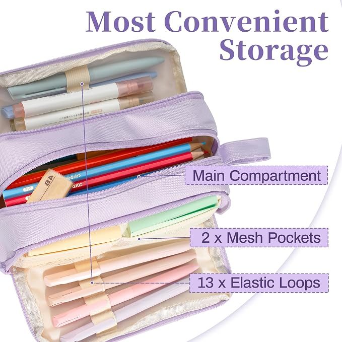 Zzrywuty Pencil Case Large 4 Compartments,Purple High Capacity Holder Box Multi-Slot Pencil Pouch Bag,Zipper Pencil Pouch for Aesthetic Pencil Bag For Middle School Office College Adult Girl and Boy