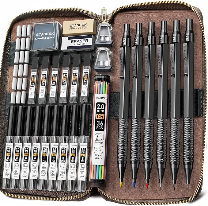 30PCS Black Metal Mechanical Pencil Set in Leather Case, 0.5/0.7/0.9/2.0mm Art Drafting Pencils with 16 Tubes Graphite Leads (6B 4B 2B HB 2H 4H) & Colored Refills for Sketching, Drawing, Writing