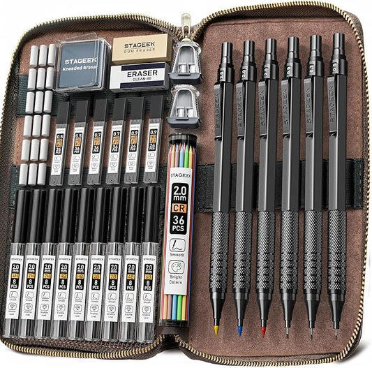 30PCS Black Metal Mechanical Pencil Set in Leather Case, 0.5/0.7/0.9/2.0mm Art Drafting Pencils with 16 Tubes Graphite Leads (6B 4B 2B HB 2H 4H) & Colored Refills for Sketching, Drawing, Writing